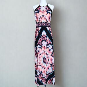 London Times Women's Halter Graphic Ikat Pink & Black Print Maxi Dress Size 10